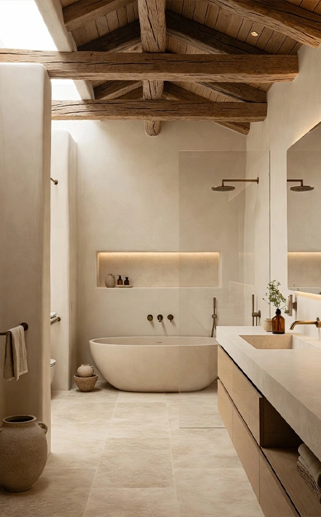 Maatwerk wastafelmeubel en wasbak afgewerkt met beige beton ciré voor een naadloze Wabi-sabi badkamer.