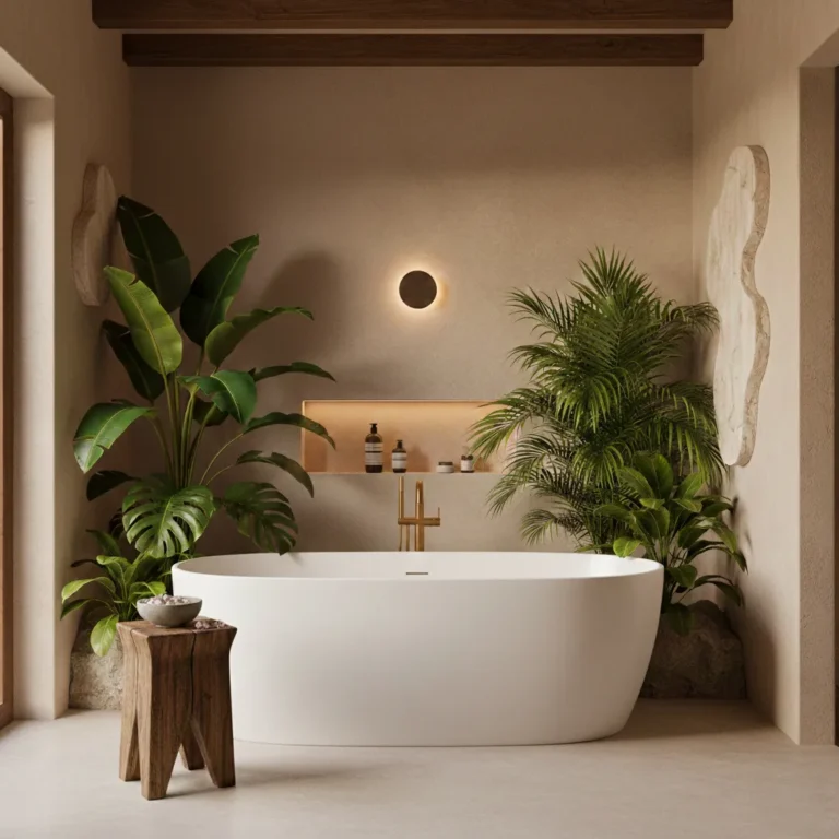Luxe badkamer met kant-en-klaar warm beige beton ciré wanden, vrijstaand wit bad en tropische planten.