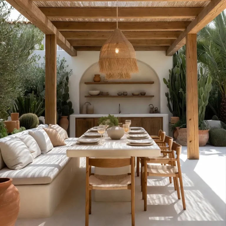 Mediterraan terras met beton ciré vloer, gestucte buitenbank en een robuuste betonlook eettafel onder een houten pergola.