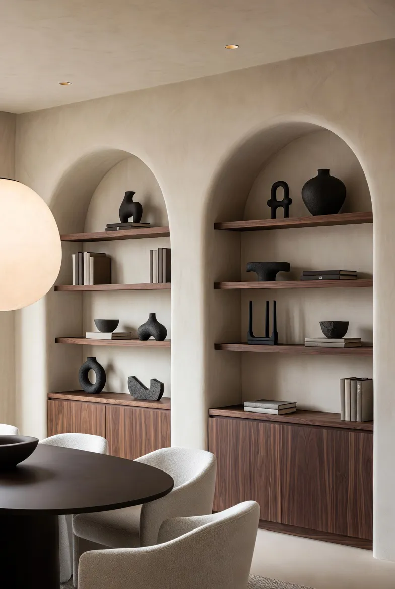 Ingebouwde vakkenkast met ronde bogen in beige beton ciré voor een luxe Ibiza look woonkamer.