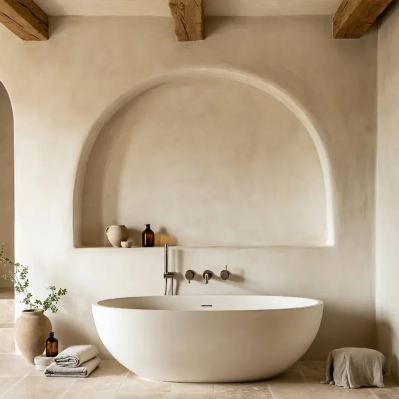 Beton cire badkamer in Italian Beige met ronde nis, houten plafondbalken en minimalistisch vrijstaand bad.