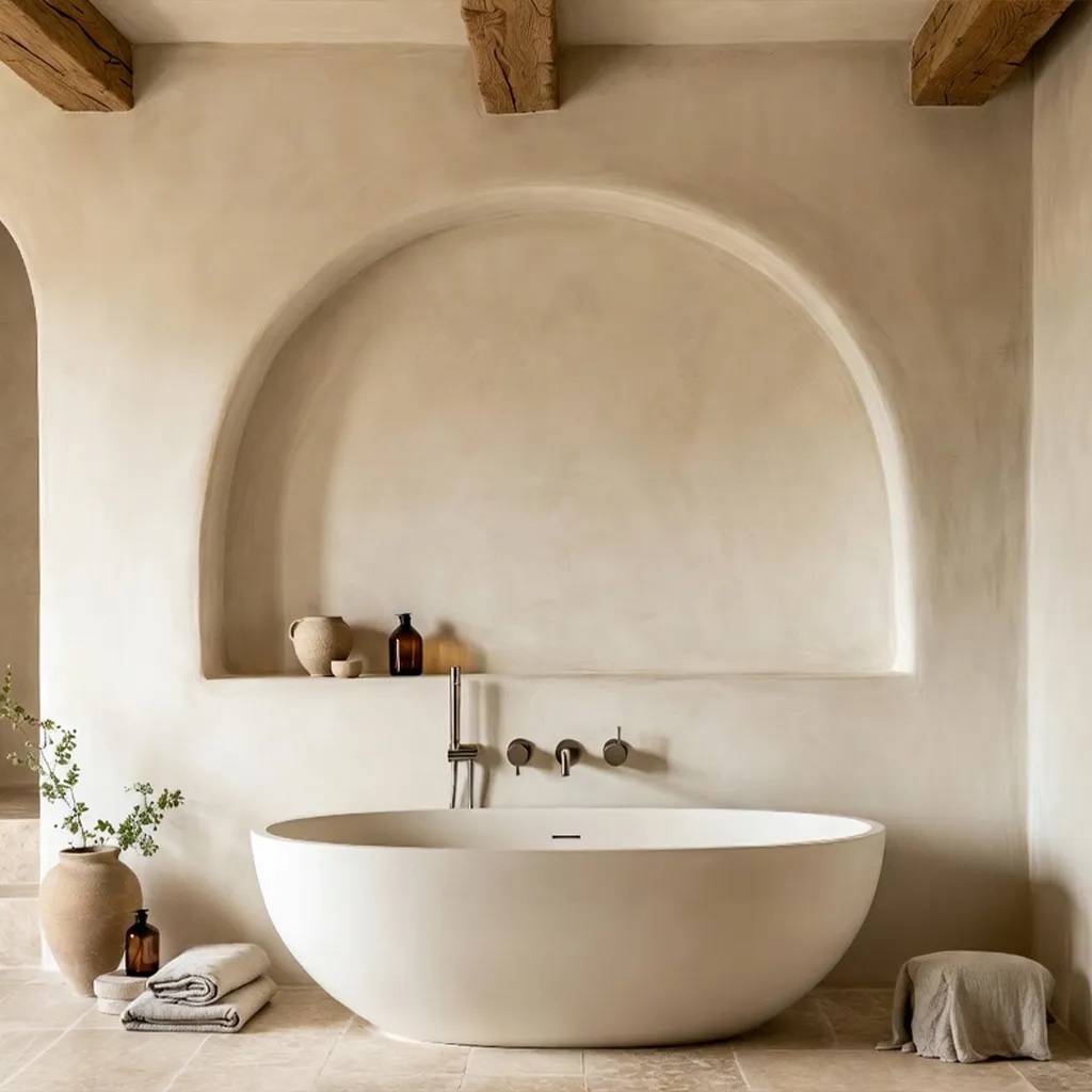 Beton cire badkamer in Italian Beige met ronde nis, houten plafondbalken en minimalistisch vrijstaand bad.